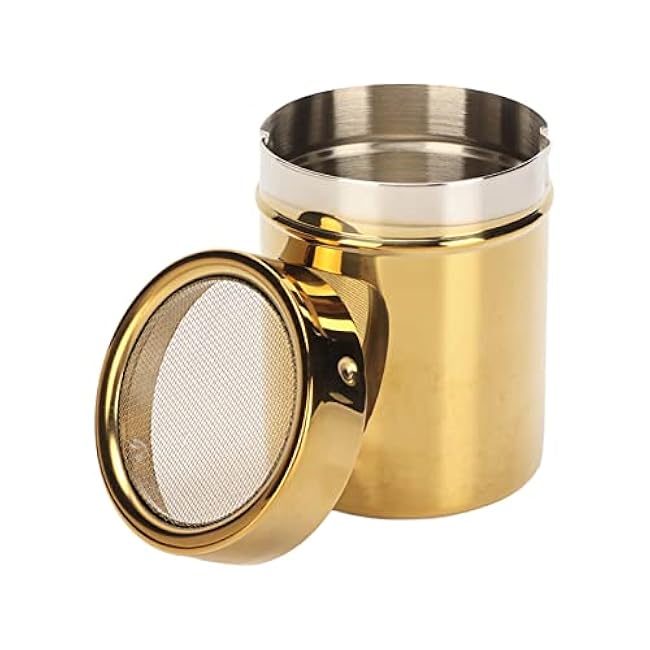 Stainless Steel Powder Shaker Powder Sugar Shaker,Gold Fine Mesh Powder Sugar Shaker Stainless Steel Sugar Shaker for Lid for Sifter Cocoa,Cinnamon Powder,Coffee Sugar Shakers