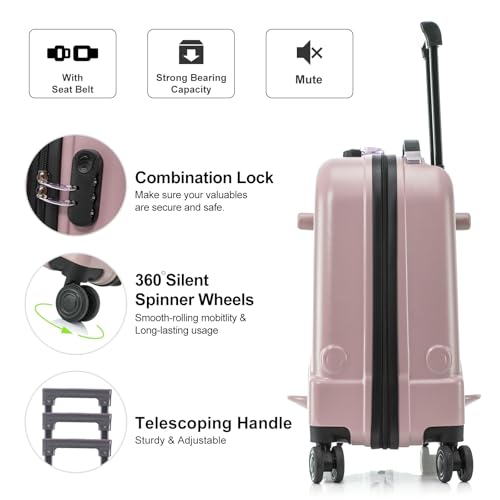 22 Inch Ride on Suitcase for Kids, Travel Luggage with Spinner Wheels for Child Travelling Stroller with Combination Lock/Safety Belt/Telescoping Handle (Pink)