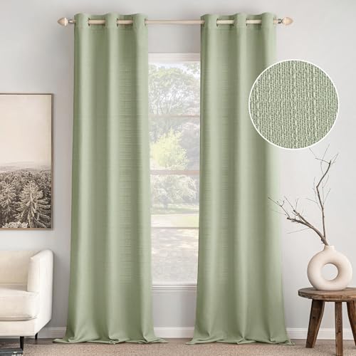 MIULEE Spring Sage Green Faux Linen Textured Curtains 84 Inch Length 2 Panels Set for Living Room Bedroom Privacy Farmhouse Burlap Weave Semi Sheer Grommet Top Light Filtering Window Drapes, W37xL84
