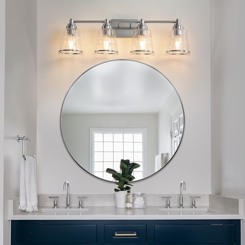 Image of Brushed Nickel Bathroom Vanity Light Fixture, 4 Light Bathroom Light Fixtures Over Mirror with Clear lampshade and Metal Base Sconce,29.1 inch Modern Vanity Light for Bathroom(Exclude E26 Bulb)