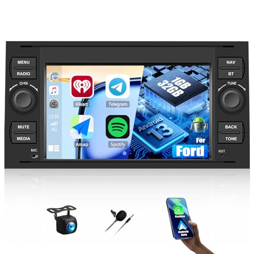 CAMECHO Android 13 Autoradio mit Carplay Android Auto für Ford Fiesta Focus Mondeo Galaxy S-Max, 7 Zoll Bildschirm [1+32G] Bluetooth Radio mit Navi WiFi Freisprecheinrichtung FM Radio Rückfahrkamera