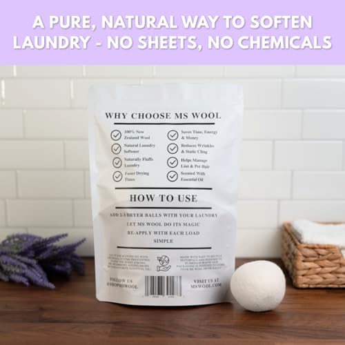 Ms Wool Lavender Scented Wool Dryer Balls – 6 XL Pack – Natural Fabric Softener, Reusable, Reduces Static, Reduces Wrinkles & Shortens Drying Time, Made W/Essential Oil, 100% Pure Wool