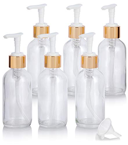 JUVITUS 4 oz Clear Boston Round Thick Plated Glass Bottle with Gold Lotion Pump (6 Pack) + Funnel
