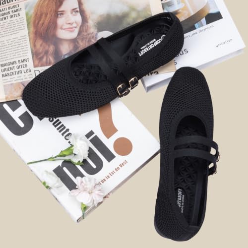 Image of Frank Mully Women's Flats Square Toe Mary Jane Shoes Ballet Flats with Strap Comfortable Slip On Knit Shoes Dressy Casual