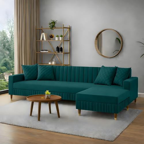 Image of AMATA Omega Solid Wood 4 Seater Ocean Blue Suede Velvet Fabric Sofa Set with Four Cushions Perfect for Home Office Guests Living Room (03 Ocean Blue 04, Omega L Shape 4 SSEATER)(3 Year Warranty)