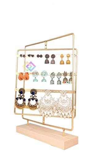 Image of Wooden Metal Earring Stand Gold Metal Chrome Finished Wooden Jewellery Display Stand