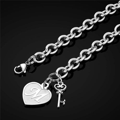 Image of M MOOHAM Heart Initial Bracelets for Girls Women - Engraved 26 Letters Initial Charms Bracelet Stainless Steel Bracelet Birthday Christmas Jewelry Gift for Women Teen Girls