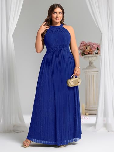 Image of Ever-Pretty Plus Women's Floor Length A-Line Halter Sleeveless Pleated Glitter Plus Size Formal Dress Evening Gown