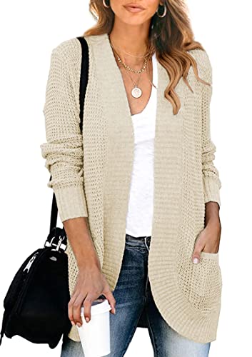 Image of KIRUNDO Cardigan Sweaters for Women 2024 Fall Open Front Long Sleeve Loose Lightweight Knit Sweater Coat with Pockets(Apricot, Large)