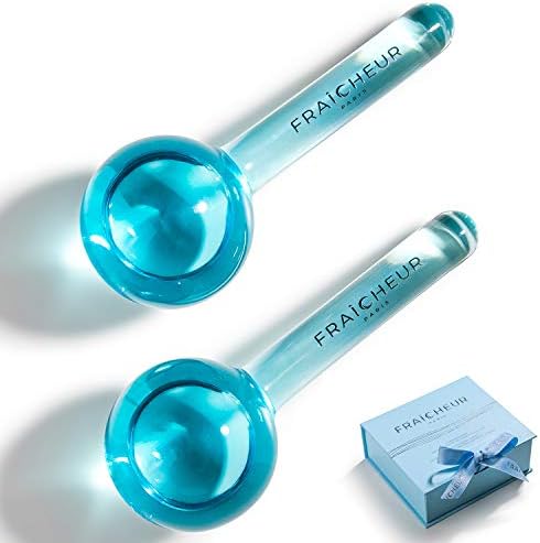 FRAÎCHEUR ICE GLOBES | Frozen Cryo Roller for Cold Facial Massage | Skincare Cooling Glass Massager with Anti-Freeze Liquid Inside | Reduce Puffiness, Pores and | Bonus Massage Techniques eBook (BLUE)