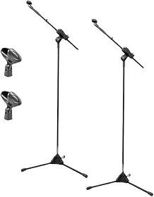 Ibox Kit 2 Pedestais de Microfone com Suporte Cachimbo, Tripé Ajustável, Preto (Mic Sem Fio)