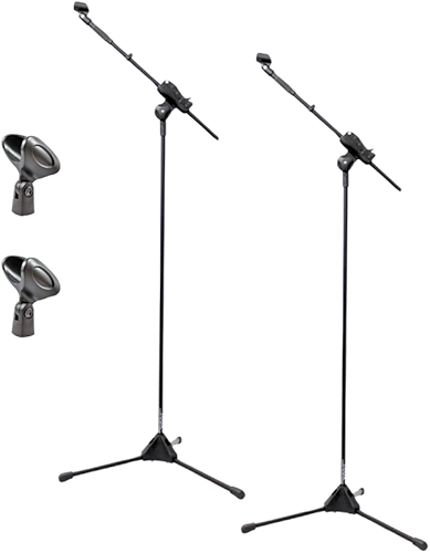 Ibox Kit 2 Pedestais de Microfone com Suporte Cachimbo, Tripé Ajustável, Preto (Mic Sem Fio)