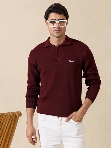 Image of Kvetoo Men's Wool Polo Collar Neck Winter Sweater Full Sleeve Solid Pullover for Casual Office Wear