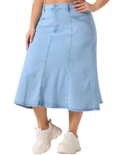 Agnes Orinda Women's Plus Size Denim Skirts Vintage High Waist with Pockets A-Line Midi Jean Skirt