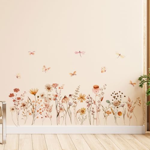 milaosk Wandtattoo Blumen Boho Wandsticker Wildblumen Schmetterlinge Libellen Wandbilder Tattoos Wandaufkleber für Schlafzimmer Wohnzimmer Sofa Hintergrund Kinderzimmer Möbel Wanddeko