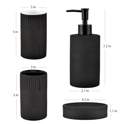 Badezimmerzubehör-Set mit Matter Prägung, komplett, EIN dezentes, luxuriöses Porzellan, 4-teilig, enthält Zahnputzbecher, Seifenschale, Becher und Spender, schwarz