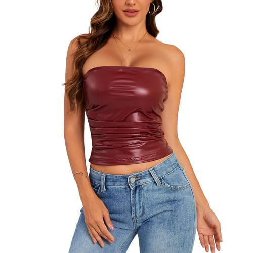 Waist Wow Women's PU Leather Tube Top Strapless Ruched Tank Tops Sexy Bandeau Going Out Shirt Partywear Club Concert Outfit Wine Red
