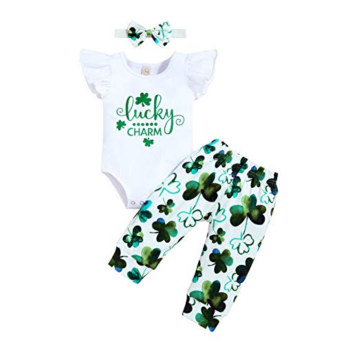 Baby Girl 1st St. Patricks Day Outfits Lucky Charm Romper+Clover Pants+Headband 3Pcs Outfits Set (White, 12-18 Months)