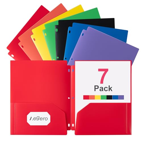 Aegero Plastic 3 Hole Punch Folders with Pockets (7 Pack Assorted Colors) Fits 3-Ring Binder Divider Folder for Notebook Durable PolyHolds US Standard 8.5x11 Letter Size Paper