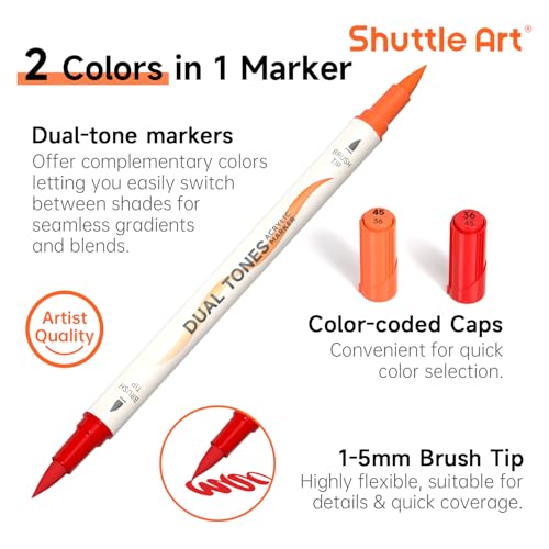Image of Shuttle Art 120 Colors Dual Tone Acrylic Paint Markers, 60 Pack Acrylic Paint Pens Set for Rock Painting, Ceramic, Wood, Canvas, Glass, Stone, Fabric, Card Making, DIY Football Crafts, FlipFunAlong