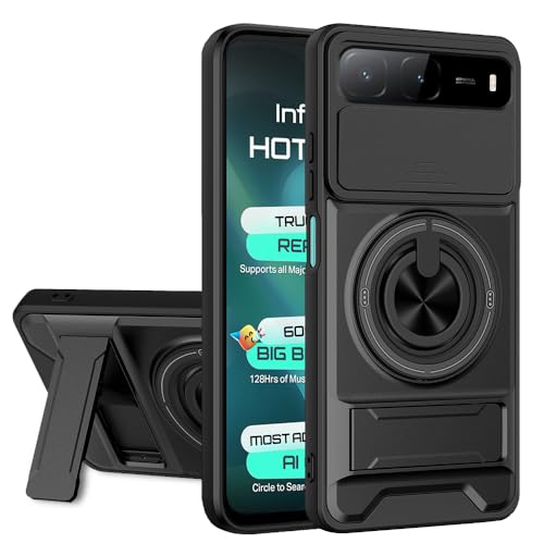 Image of AESTMO Infinix Hot 60i 5G / Spark Go 5G Back Cover | Armor Camera Slider 360 Degree Rotating Finger Ring Holder Case with Bracket Stand Back Case Cover (Compatible with MagSafe Accessories) (Black)