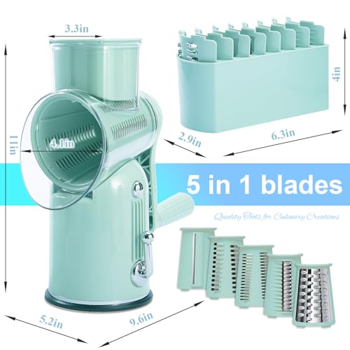 ENERGEVITY Manual Rotary Cheese Grater with Handle, 5 in 1 Replaceable Stainless Blades Cheese Shredder,Strong Suction Base Vegetable Slicer with Cleaning Brush & Bonus Storage Box for Blades (green) — view 2