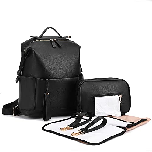 Image of ARDIKAMA Diaper Bag Backpack Leather Backpack for Women Travel Baby Bag Mother Outdoor Backpack with Changing Pad Stroller Straps(2 pieces) Black