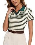 Sarefii Women Striped Golf Polo Collared Rugby Shirts Short Sleeve Tennis Polos Cotton Retro Vintage Outfits Cute Preppy Attire (Green and Cream, Medium)