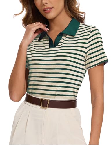 Sarefii Women Striped Golf Polo Collared Rugby Shirts Short Sleeve Tennis Polos Cotton Retro Vintage Outfits Cute Preppy Attire (Green and Cream, Large)