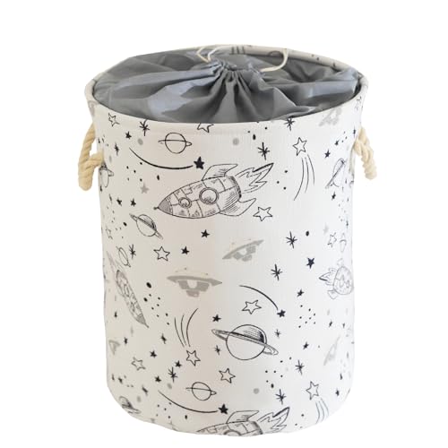 INough Baby Laundry Basket, Foldable Baby Hamper for Nursery Kids Hamper with Handle Toys Storage Bin Toys Box Organizer with Drawstring Closure, Kids Room Decor (Spacecraft)