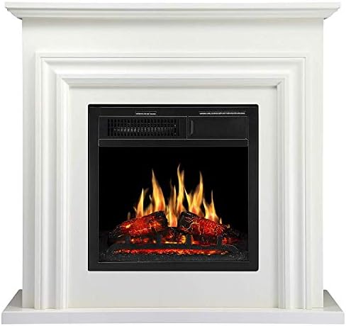 Joy Pebble 36'' Wood Electric Fireplace Mantel Package Freestanding Heater Corner Firebox with Log Hearth and Remote Control,750-1500W (Ivory White)