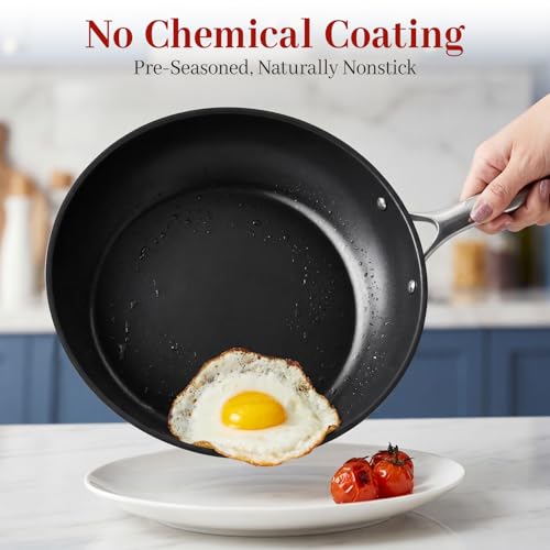Image of Carbon Steel Frying Pan 12 inch - Pre-Seasoned Carbon Steel Skillet, Lightweight, Natural Non-Stick, Induction Compatible
