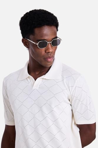 Image of SNITCH Men Knitted Polo T-Shirt | Geometric Pointelle Textured Knit & V-Placket Polo Collar | 100% Cotton Breathable Summer Knit, Casual Resort Wear