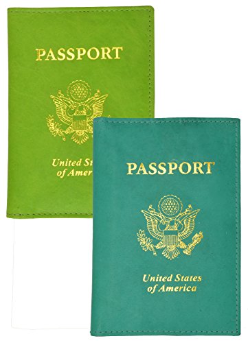 2 Passport Cover Holders Genuine Leather ID Wallet Case Travel Lime and Teal