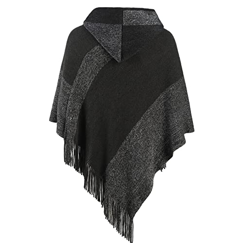 Image of Women's Elegant Knitted Shawl Poncho with Fringed V-Neck Striped Sweater Pullover Cape Gifts for Women Mom