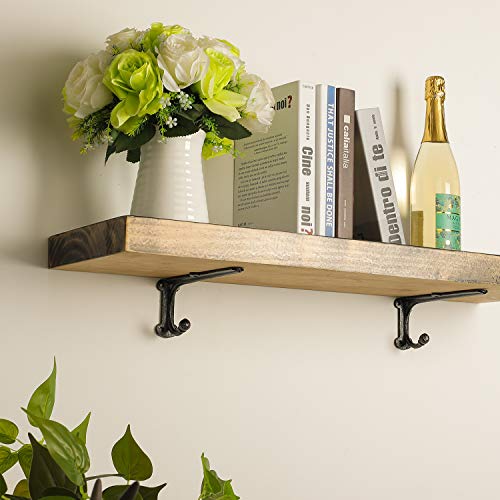 Metal Wall Shelf Brackets 8 Inch With Hooks Heavy Duty Brackets For Floating Shelves, Cast Iron Shelf Bracket Black 2 Pack #TOP2
