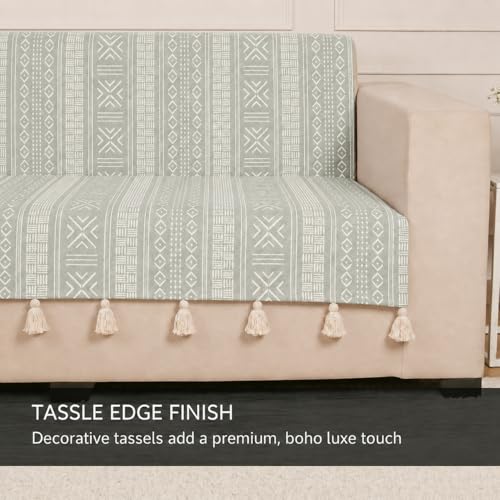 Image of STITCHNEST 'Verdant Bohemian Stories' 2 Seater Sofa Cover - Full Coverage| Elegant Jacquard Fabric, Decorative Tassels, Washable & Durable for Modern Living