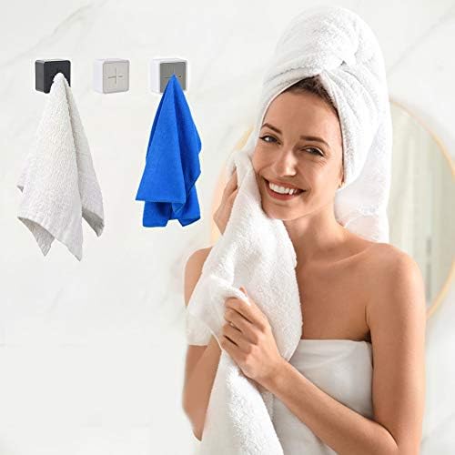 Tea Towel Holder, Premium Silicone Self Adhesive Towel Hooks Anti Collision Square Wall Mount Towel Holders for Bathrooms Kitchen Set of 3 (White, Gray, Black)