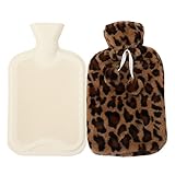 Bouillotte de 2 l avec housse fourrure tricote,sac d'eau PVC,sac de chaleur,bouillotte avec housse pour rtention de la chaleur,soulagement de la douleur,chauffe mains,marron lopard