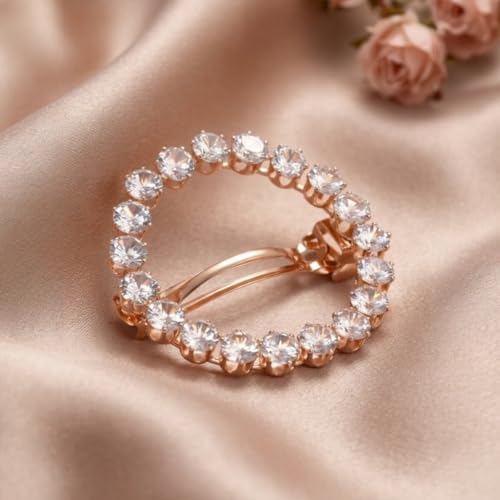 Image of Accessher Rose Gold Round Hair Barettes | Crystal Hair Clip with Zircon Stones | Hair Accessories for Women & Girls Pack of 1