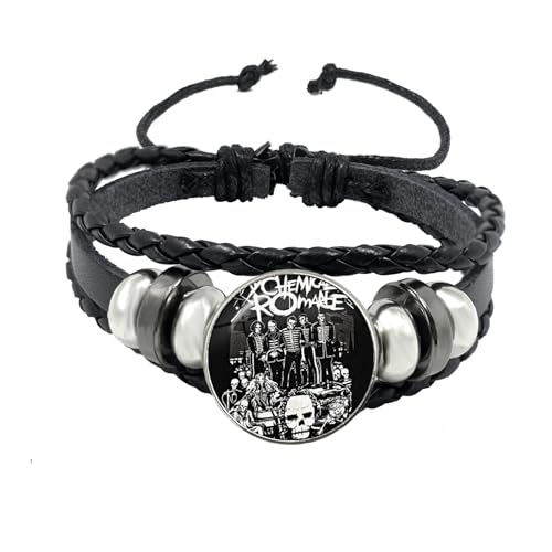 Ticome My Chemical Romance Bracelet Rock Band Fans Merch Souvenir Punk Revival Lover Fashion Rebellious Personality Leather Wristband Accessory Jewelry Gifts for Devoted Music Fans (Black)