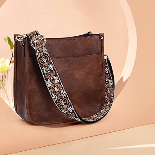 Image of HKCLUF Crossbody Bags for Women Trendy Vegan Leather Hobo Handbags With 2PCS Adjustable Guitar Strap Shoulder Bucket Bags