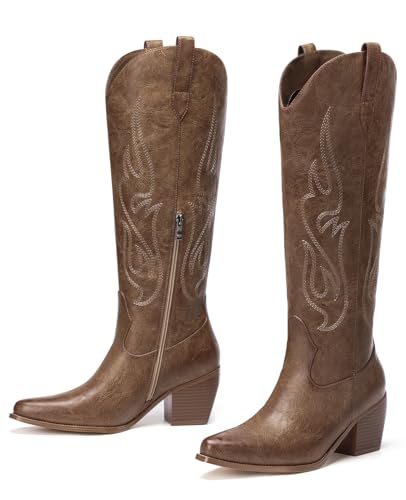 Image of Pasuot Western Cowboy Boots for Women - Knee High Wide Calf Cowgirl Boots, Slip On Pointed Toe Chunky Heel Fashion Retro Classic Pull On Tall Boot for ladies Party concert