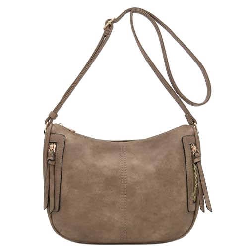 Image of Faux Leather Two Front Zipper Pocket Crossbody Saddle Bag (LightTaupe)