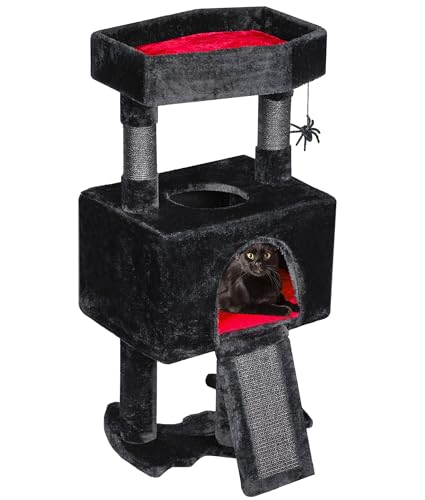 BEWISHOME Gothic Cat Tree with Coffin Cat Bed Goth Cat Tower Coffin Cat Tree with Spacious Cat Condo, Soft Cushion, Scratching Post, Spider Hanging Ball Halloween Black Red Pet Furniture MMJ95R