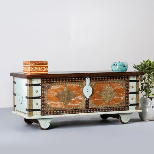 Image of Opea Wooden Trunk Box for Storage | Solid Wood Coffee Table for Living Room | Handcrafted Center Tea Table with Sandook Storage for Living Room | Pitara for Home and Bedroom (Mint Distress)
