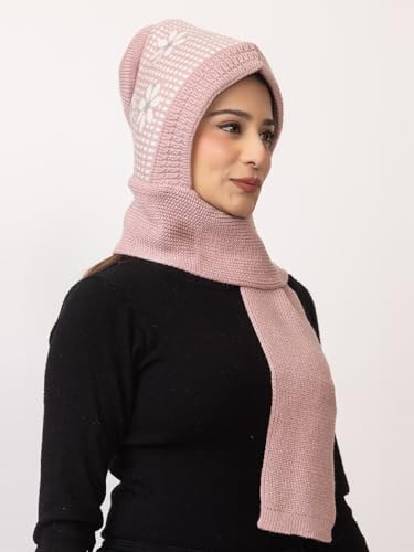 Image of AMOLDO Women's Winter Woolen Soft Warm Knitted Designer Muffler Beanie Cap with Fur | Fleece Printed Woolen Hat with Attached Scarf for Cold Weather