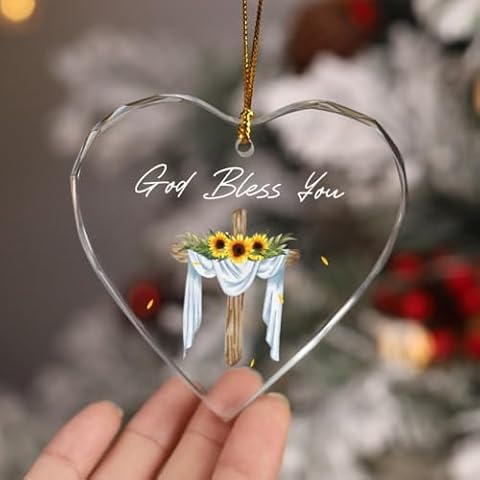 Mondily Christmas God Bless You Ornament, Glass Baptism Ornament for Christmas Tree, Bless You & Keep You Ornament, 2024 Christmas Cross Sunflowers Ornament, Baptized Girl Gifts Cover