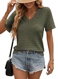 Chicrise Oberteile Damen V Ausschnitt Spitze Kurzarm Tunika Gehäkelte Lockere Bluse Sommer Basic Grün X Groß 46 48