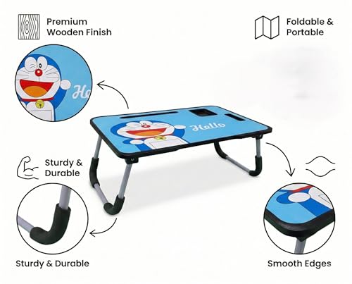 Image of VISBY INDIA Smart Multipurpose Foldable Laptop Table with Cup Holder, Study Table, Bed Table, Breakfast Table, Foldable and Portable /Ergonomic & Rounded Edges /Non-Slip Legs (Doremon C-Biding)